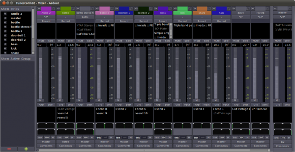 ardour-mixer Ardour mixer panel with multiple sends